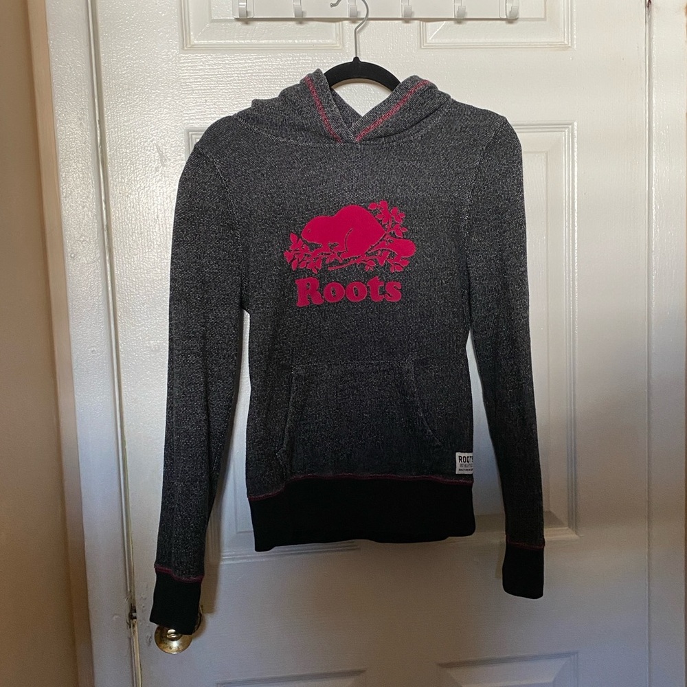 Roots Charcoal Hoodie with Vibrant Pink Logo